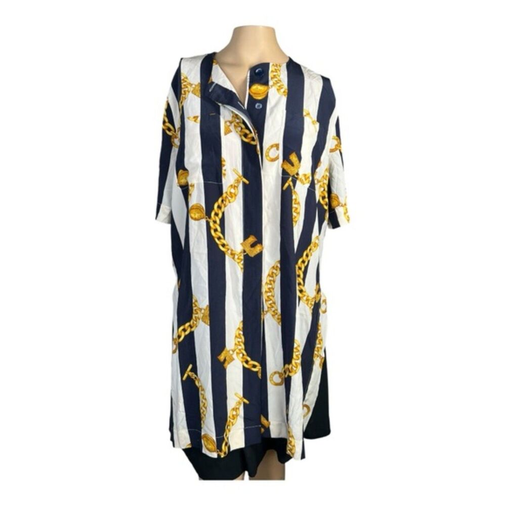CELINE Paris Made in France Nautical Stripe & Gold Chain Silk Tunic Top RARE